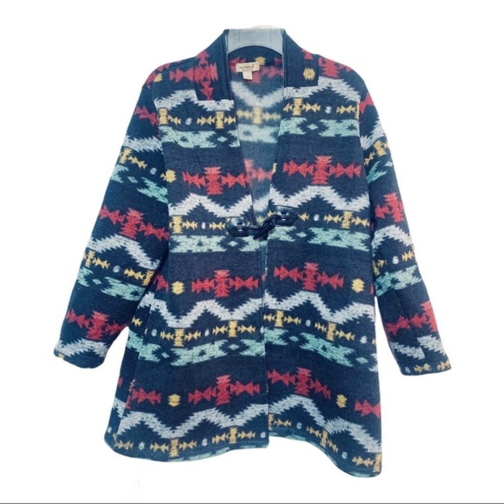 ONE WORLD Printed Fleece Toggle Clasp Long Line Cardigan Jacket Tribal XL